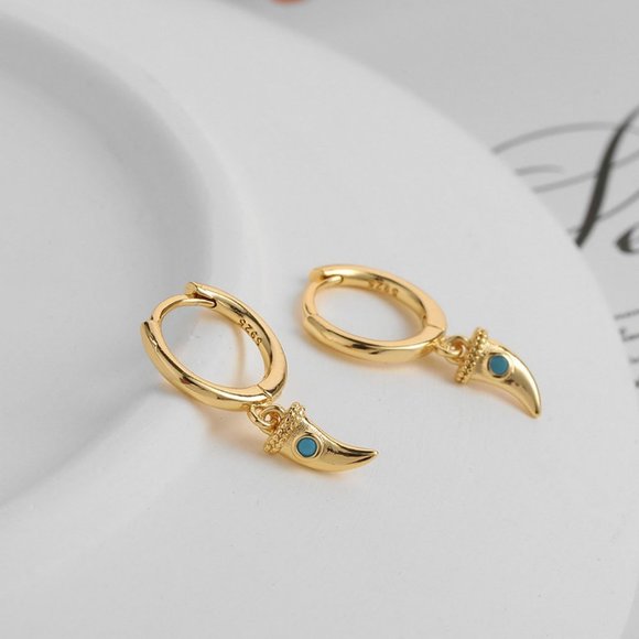 #NEW 925 Sterling Silver Turquoise Horn Drop Round Hoop Earrings - Picture 7 of 7